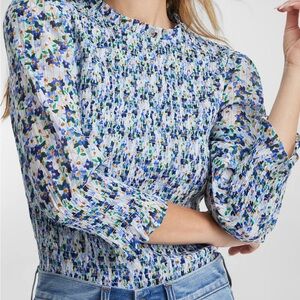 Veronica Beard Floral Smocked Blue Top